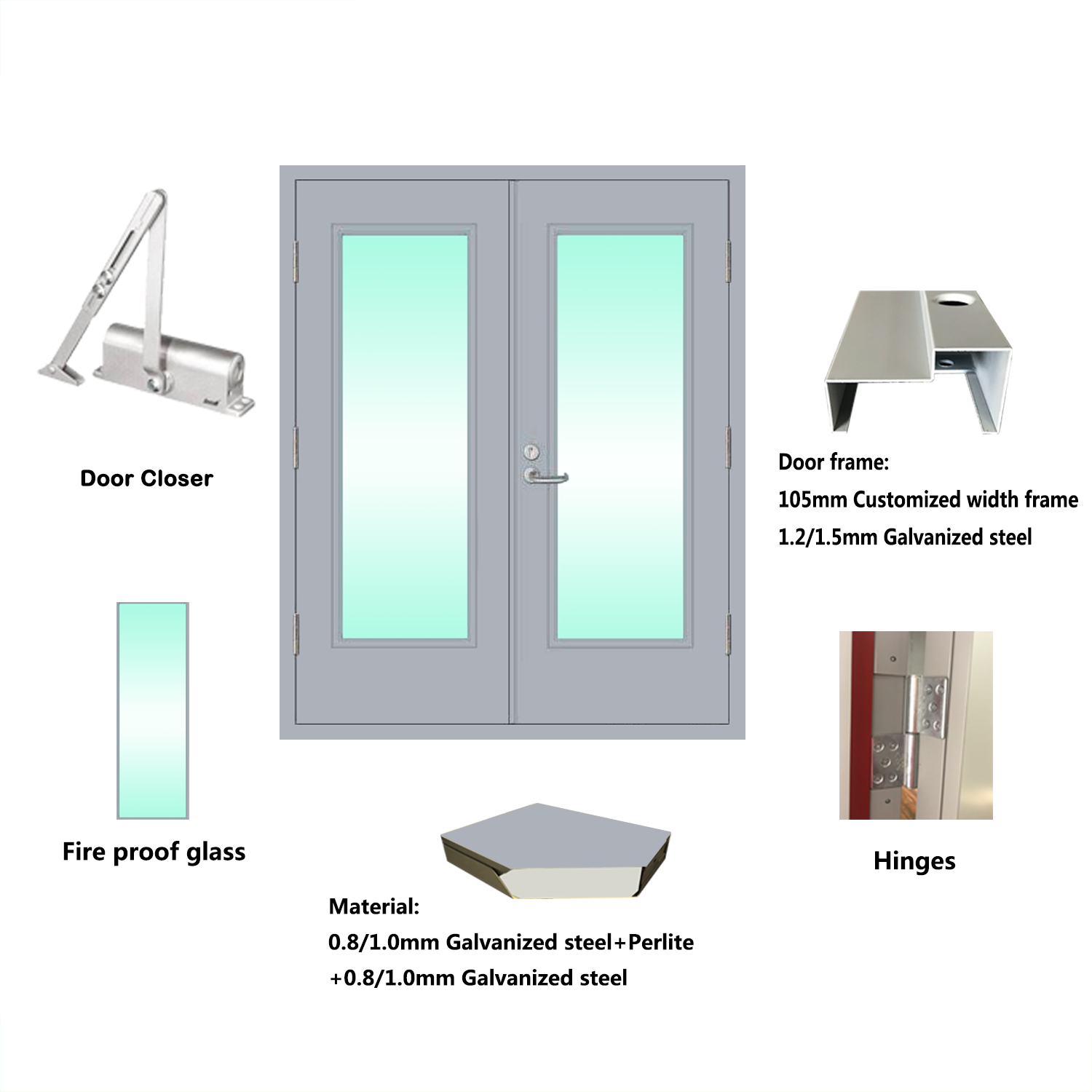 Qian-Find Commercial 120 Minutes Steel Fireproof Glass Door